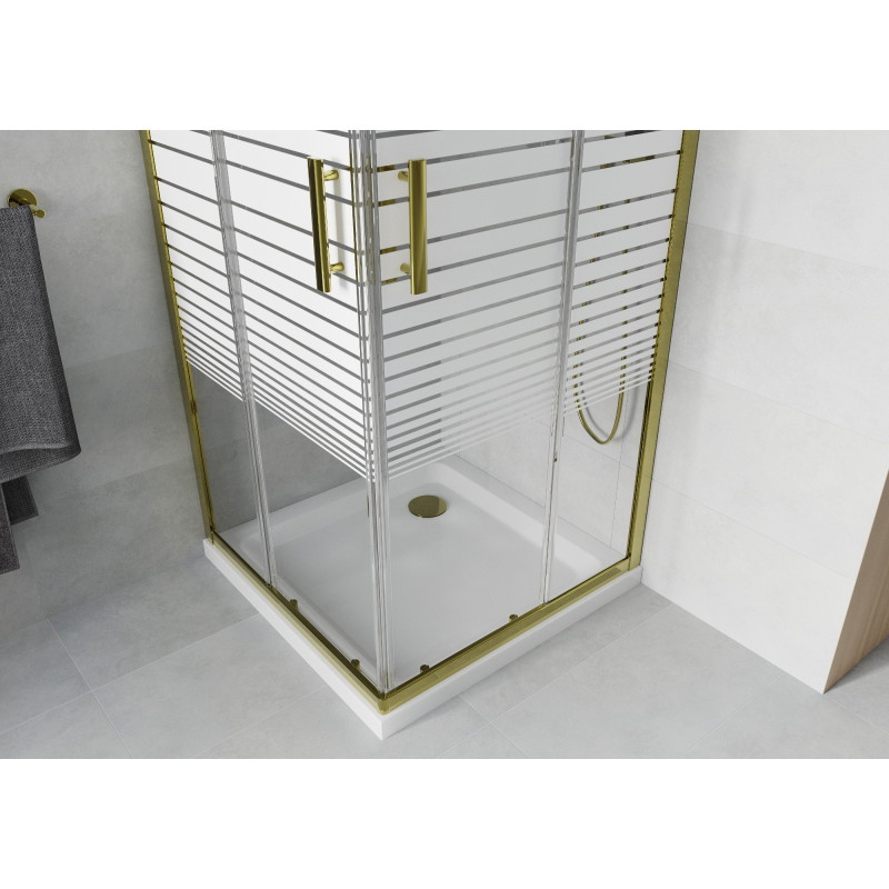 Mexen Rio kabina prysznicowa kwadratowa 90 x 90 cm, białe pasy, złota + brodzik Flat, biały - 860-090-090-50-20-4010G