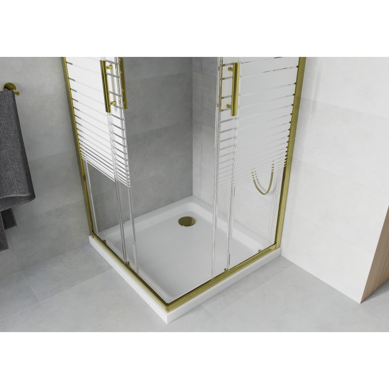 Mexen Rio kabina prysznicowa kwadratowa 90 x 90 cm, białe pasy, złota + brodzik Flat, biały - 860-090-090-50-20-4010G