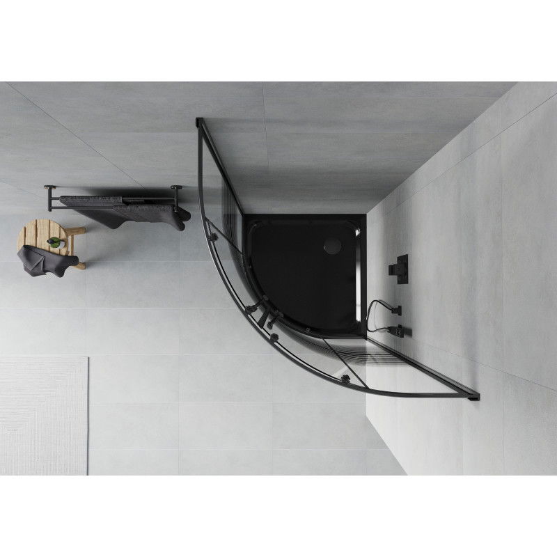 Mexen Rio kabina prysznicowa półokrągła 90 x 90 cm, czarne pasy, czarna + brodzik Flat, czarny - 863-090-090-70-20-4170B