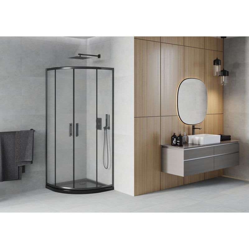 Mexen Rio kabina prysznicowa półokrągła 80 x 80 cm, szron, czarna + brodzik Flat, czarny - 863-080-080-70-30-4170B