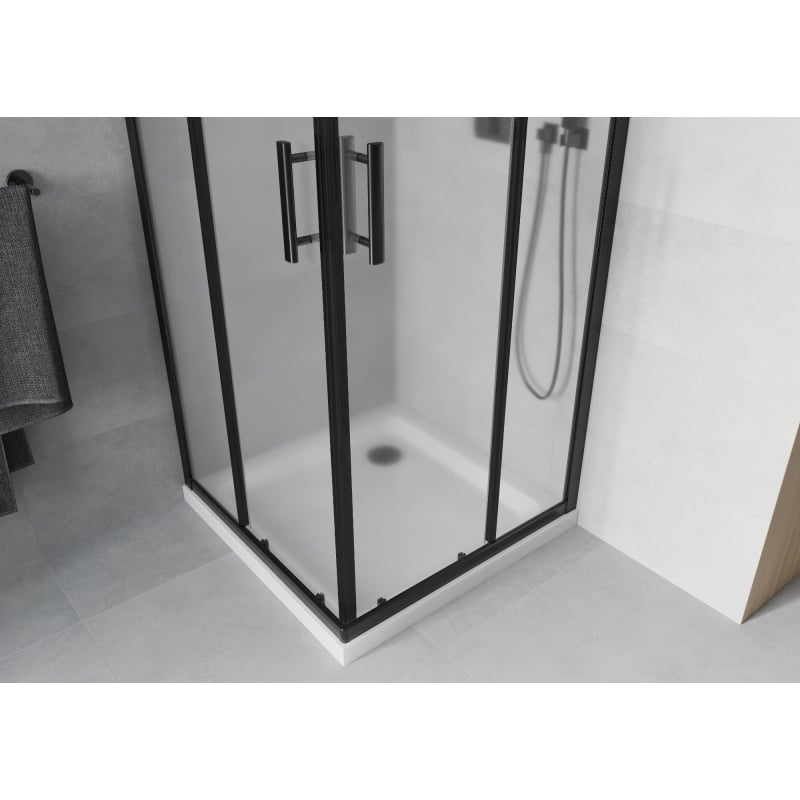 Mexen Rio kabina prysznicowa kwadratowa 90 x 90 cm, szron, czarna + brodzik Flat, biały - 860-090-090-70-30-4010B