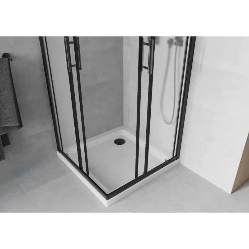 Mexen Rio kabina prysznicowa kwadratowa 90 x 90 cm, szron, czarna + brodzik Flat, biały - 860-090-090-70-30-4010B