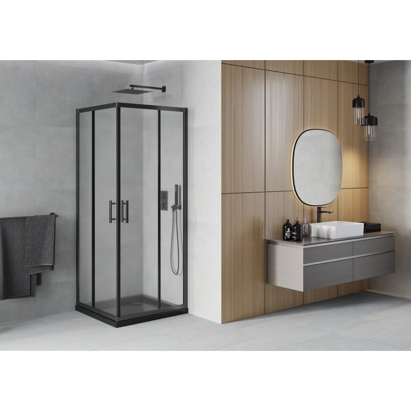 Mexen Rio kabina prysznicowa kwadratowa 90 x 90 cm, szron, czarna + brodzik Flat, czarny - 860-090-090-70-30-4070B