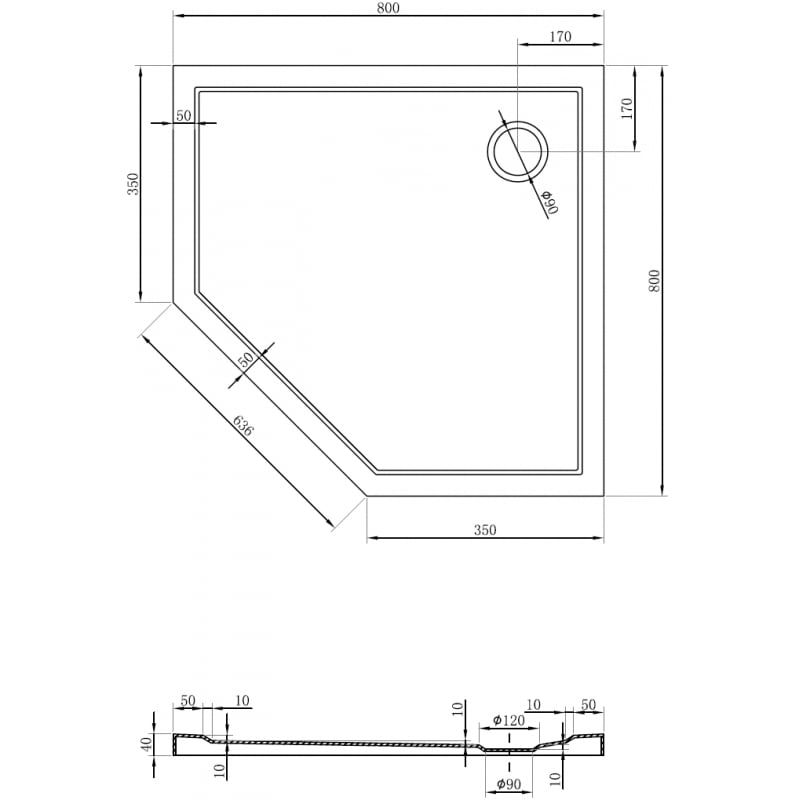 Mexen Flow brodzik pięciokątny slim 80 x 80 cm, biały połysk - 46P108080
