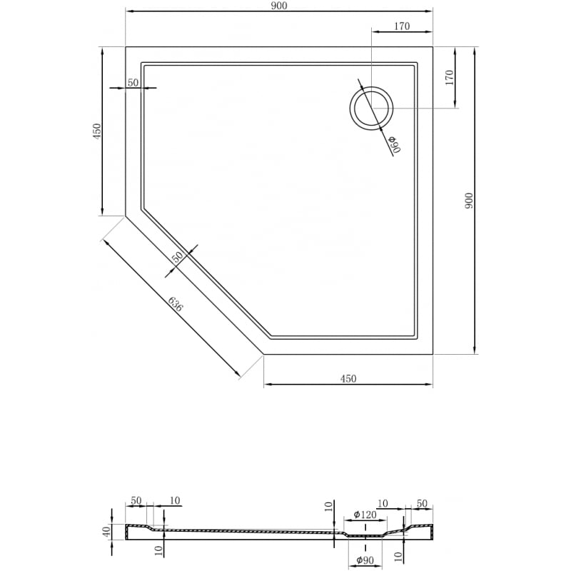 Mexen Flow brodzik pięciokątny slim 90 x 90 cm, czarny mat - 46P709090