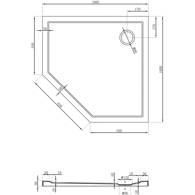 Mexen Flow brodzik pięciokątny slim 100 x 100 cm, czarny mat - 46P701010