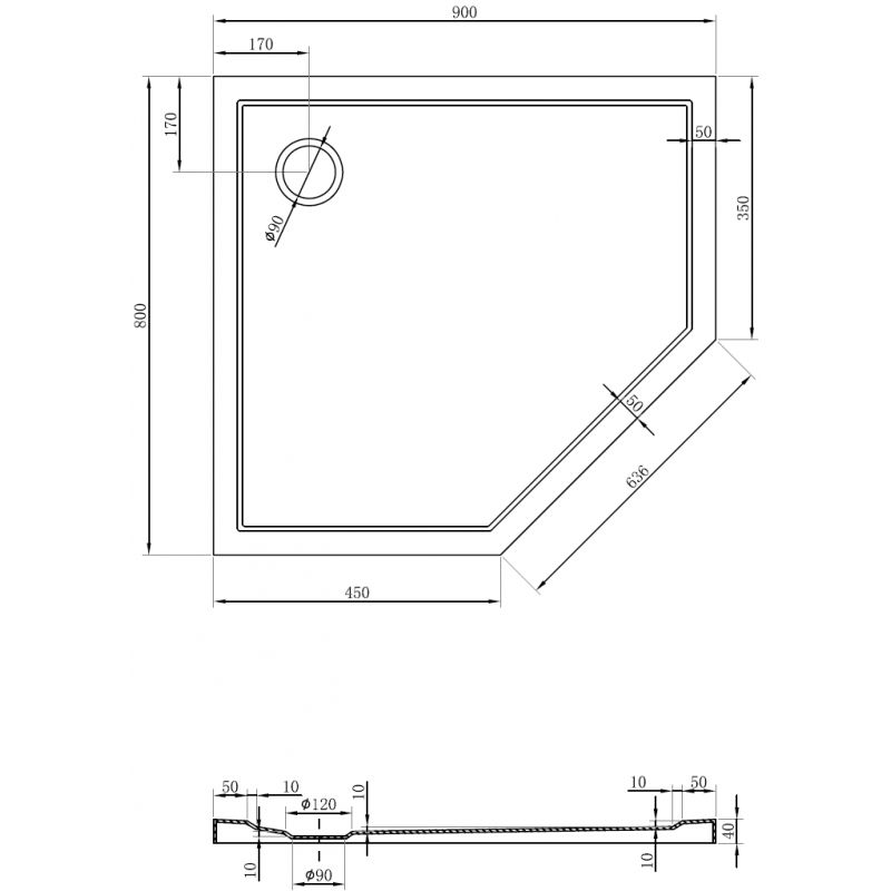 Mexen Flow brodzik pięciokątny slim lewy 80 x 90 cm, czarny mat - 46P708090L