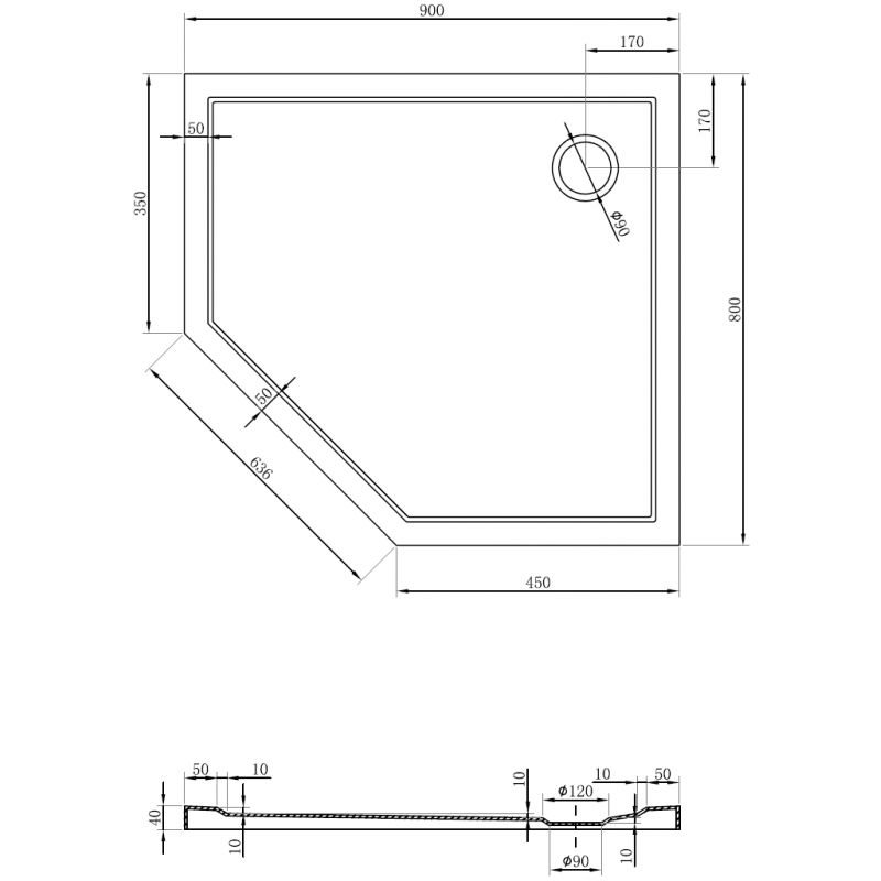 Mexen Flow brodzik pięciokątny slim prawy 80 x 90 cm, czarny mat - 46P708090R