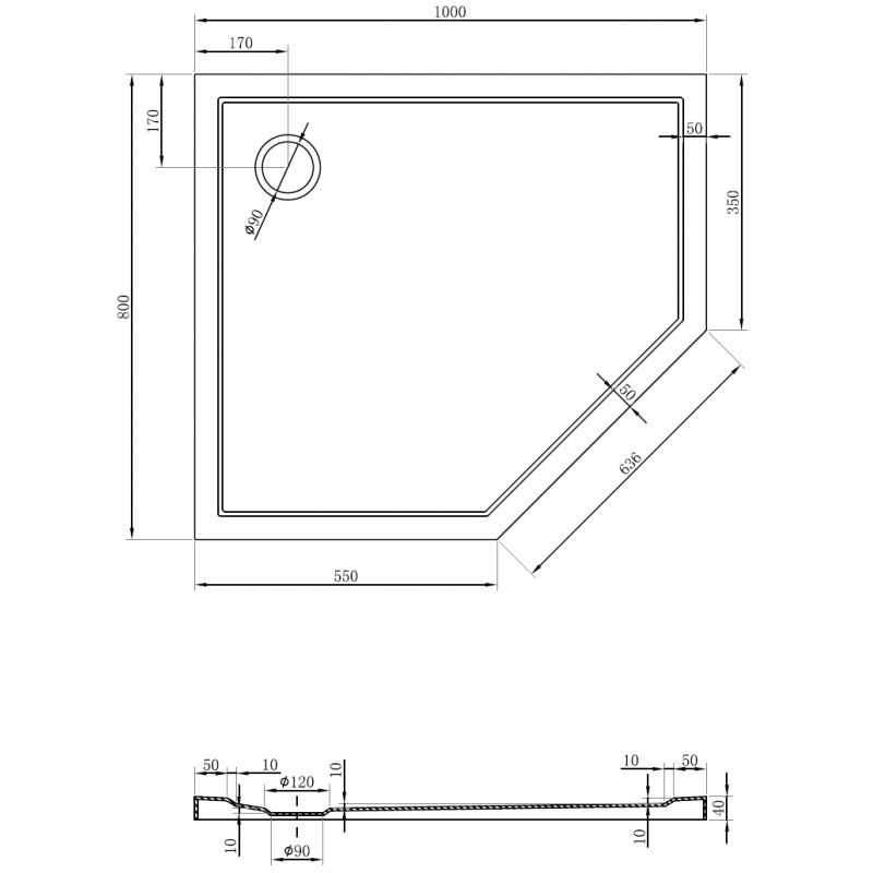 Mexen Flow brodzik pięciokątny slim lewy 80 x 100 cm, czarny mat - 46P708010L