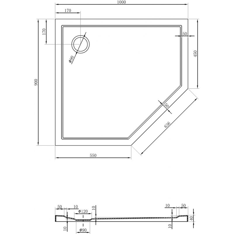 Mexen Flow brodzik pięciokątny slim lewy 90 x 100 cm, czarny mat - 46P709010L
