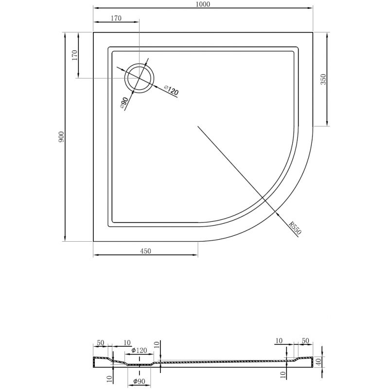 Mexen Flow brodzik półokrągły asymetryczny slim lewy 90 x 100 cm, biały połysk - 46Q109010L