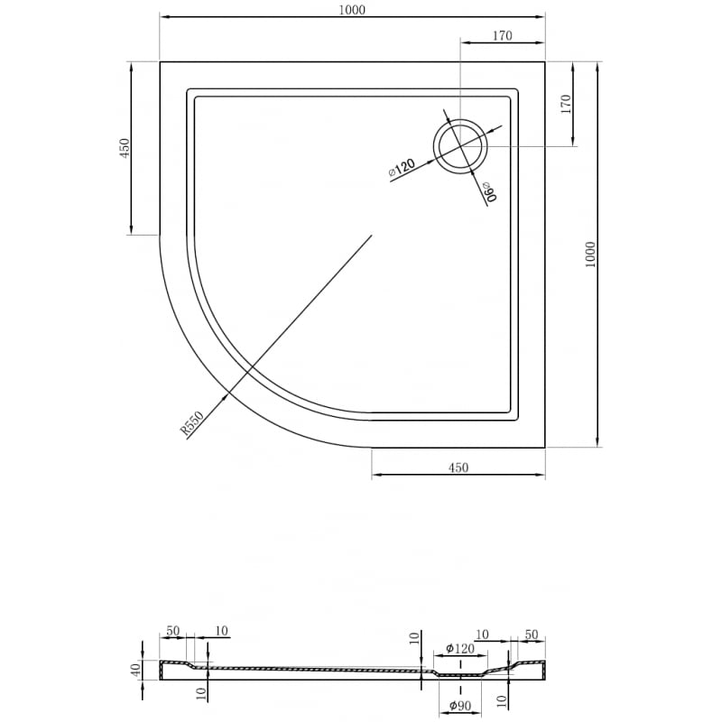 Mexen Flow brodzik półokrągły slim 100 x 100 cm, biały połysk - 46Q101010