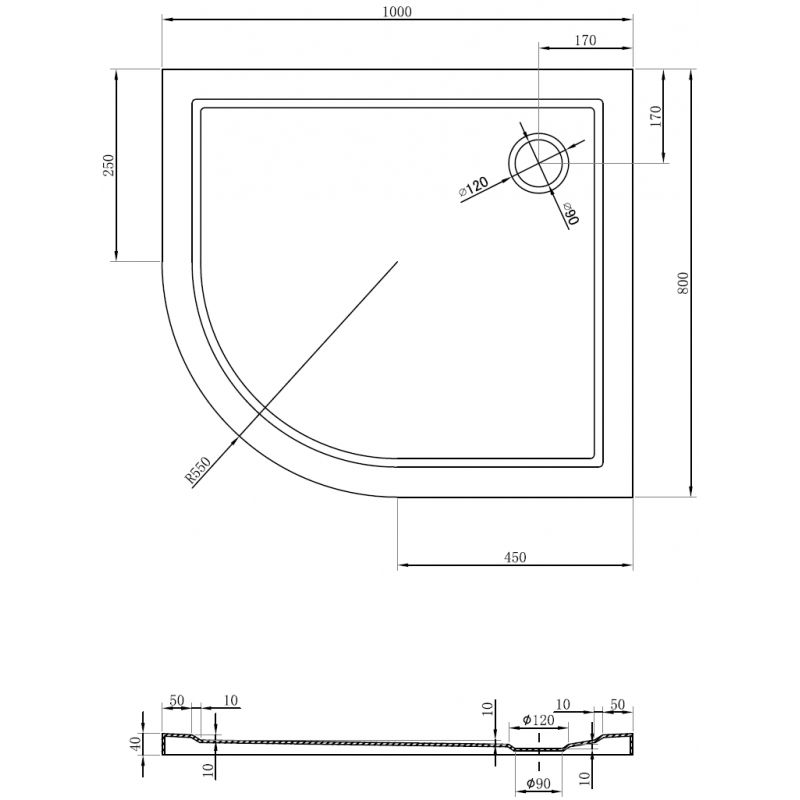 Mexen Flow brodzik półokrągły asymetryczny slim prawy 80 x 100 cm, czarny mat - 46Q708010R