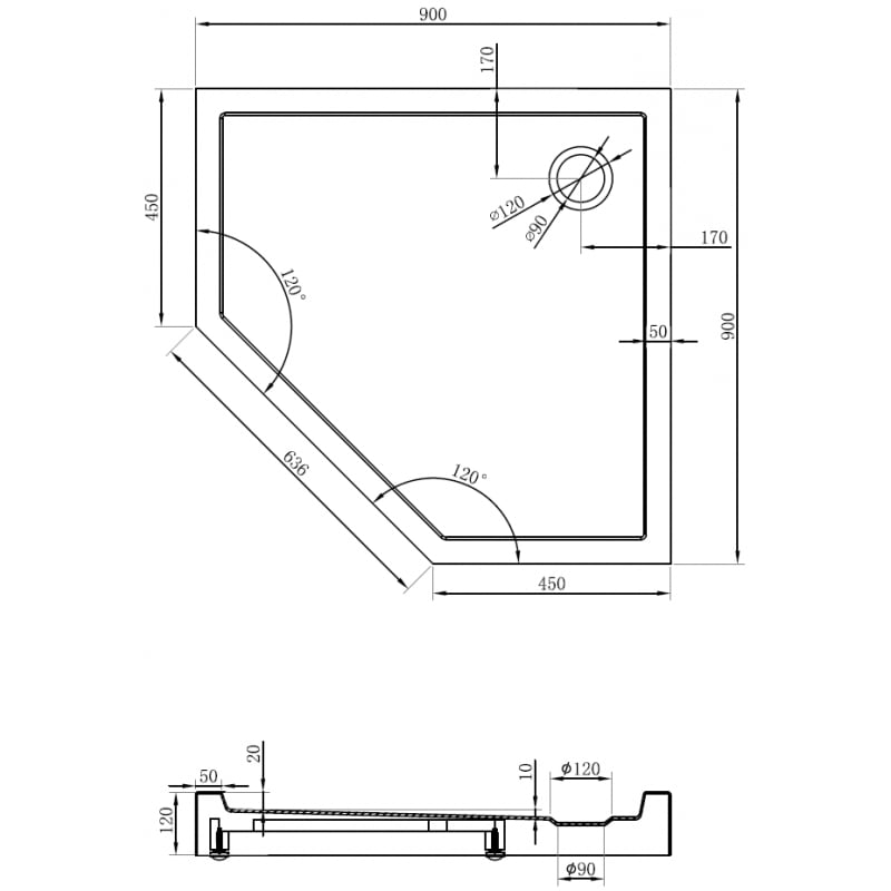 Mexen Flow+ brodzik pięciokątny 90 x 90 cm, czarny mat - 46P709090H