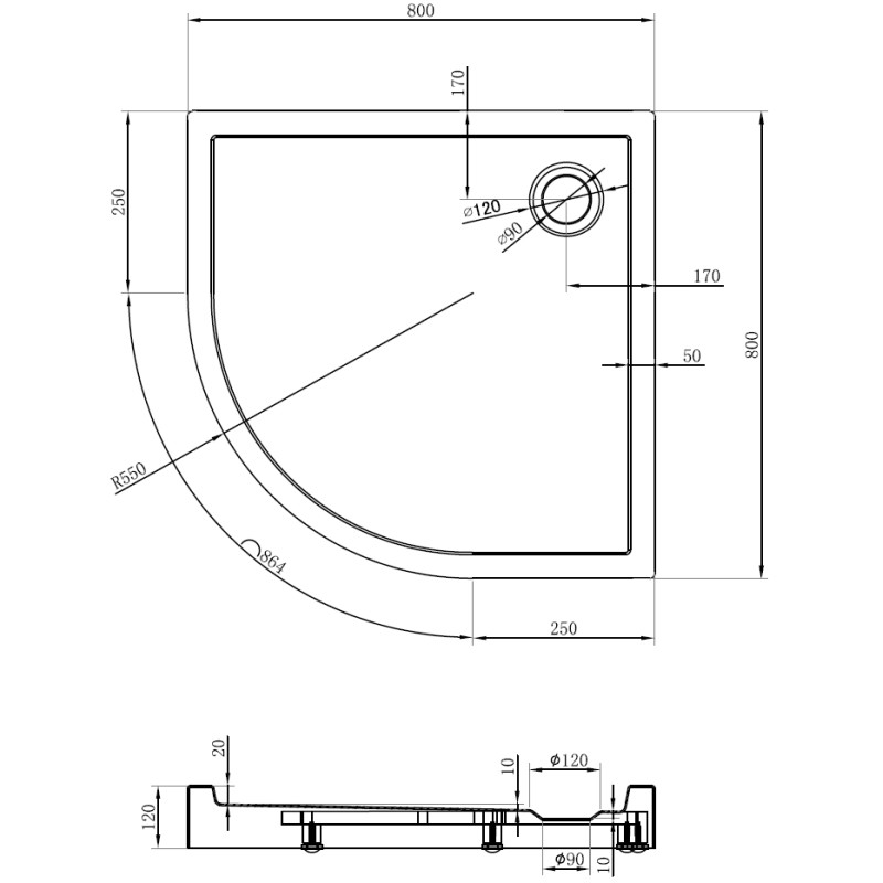 Mexen Flow+ brodzik półokrągły 80 x 80 cm, czarny mat - 46Q708080H
