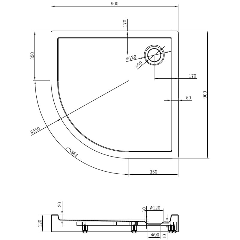 Mexen Flow+ brodzik półokrągły 90 x 90 cm, czarny mat - 46Q709090H