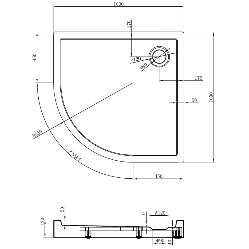 Mexen Flow+ brodzik półokrągły 100 x 100 cm, czarny mat - 46Q701010H