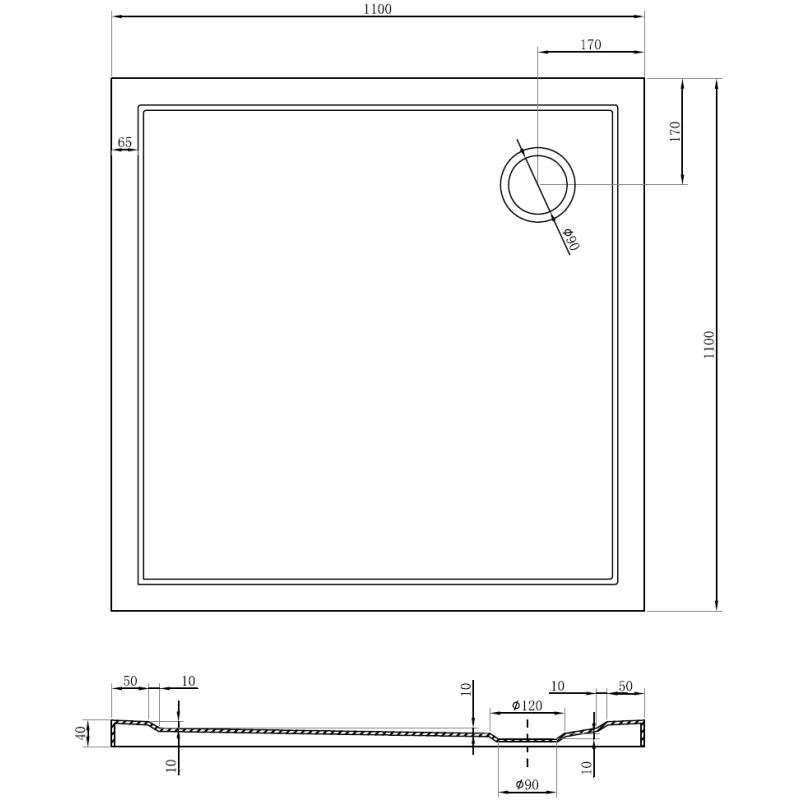 Mexen Flow brodzik kwadratowy slim 110 x 110 cm, czarny mat - 46S701111