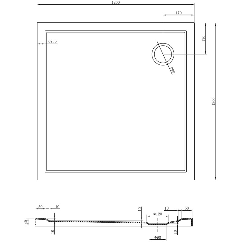 Mexen Flow brodzik kwadratowy slim 120 x 120 cm, czarny mat - 46S701212