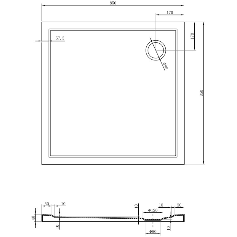 Mexen Flow brodzik kwadratowy slim 85 x 85 cm, biały połysk - 46S108585