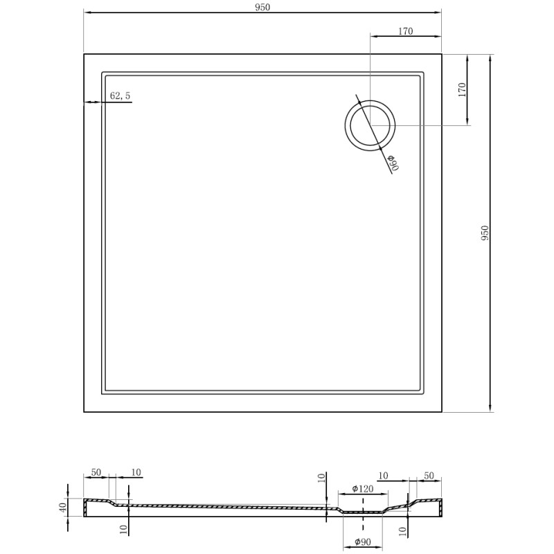Mexen Flow brodzik kwadratowy slim 95 x 95 cm, biały połysk - 46S109595