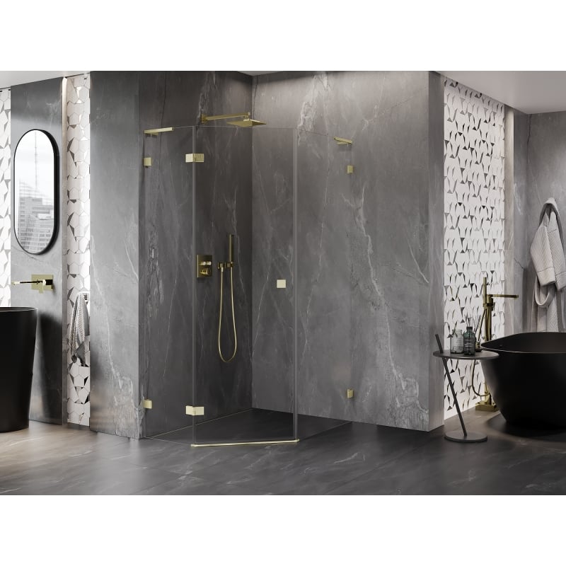 Mexen Lunar L kabina prysznicowa pięciokątna uchylna lewa 80 x 100 cm, transparent, złota szczotkowana - 831L-080L-100P-55-00-L
