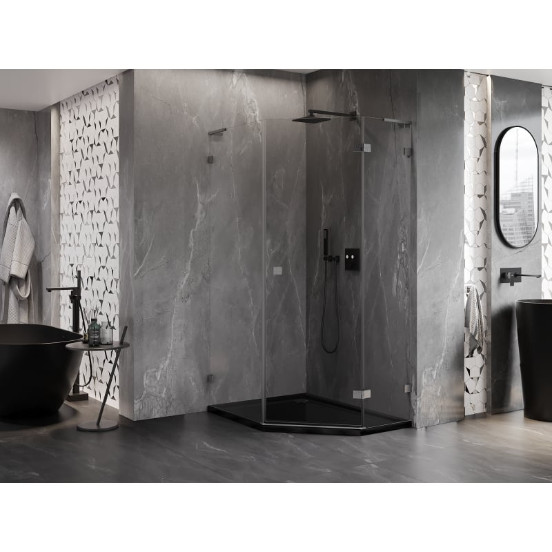 Mexen Lunar L kabina prysznicowa pięciokątna uchylna prawa 90x100 cm transparent, gun gray szczotkowany - 831L-090P-100L-66-00-P