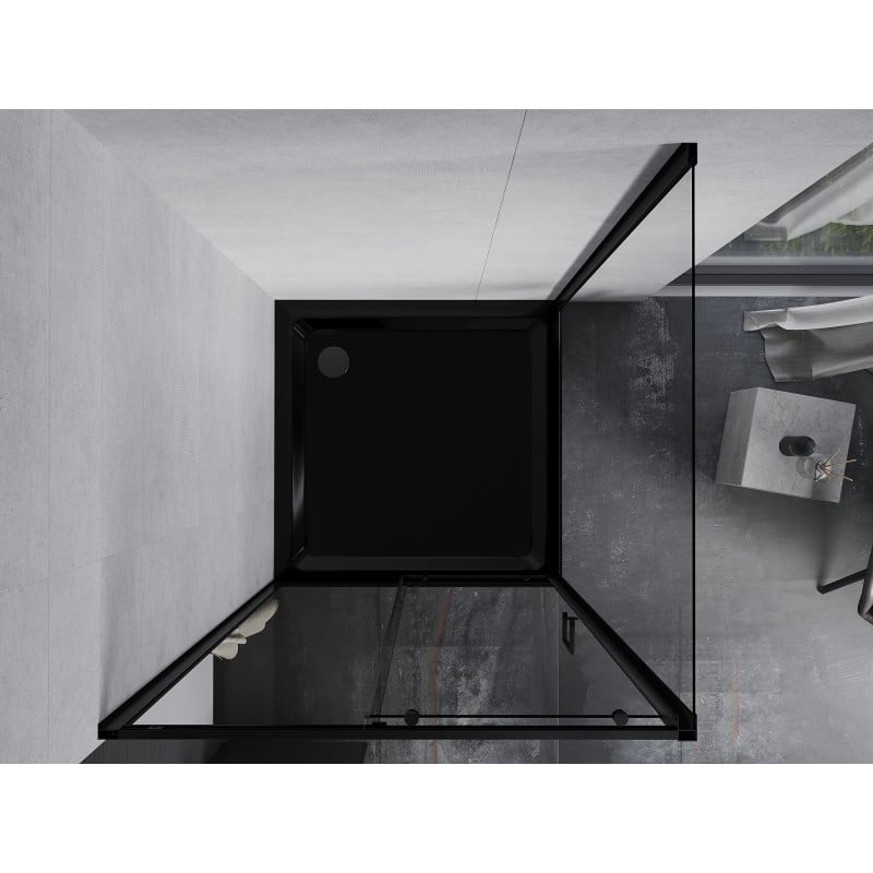 Mexen Apia kabina prysznicowa rozsuwana 90 x 90 cm, transparent, czarna + brodzik Flat, czarny - 840-090-090-70-00-4070B