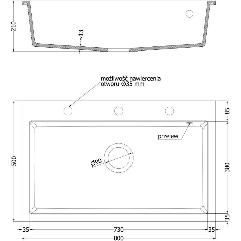 Mexen Elix zlewozmywak granitowy 1-komorowy 800 x 500 mm, czarny/złoty metalik, syfon chrom - 6527801005-75