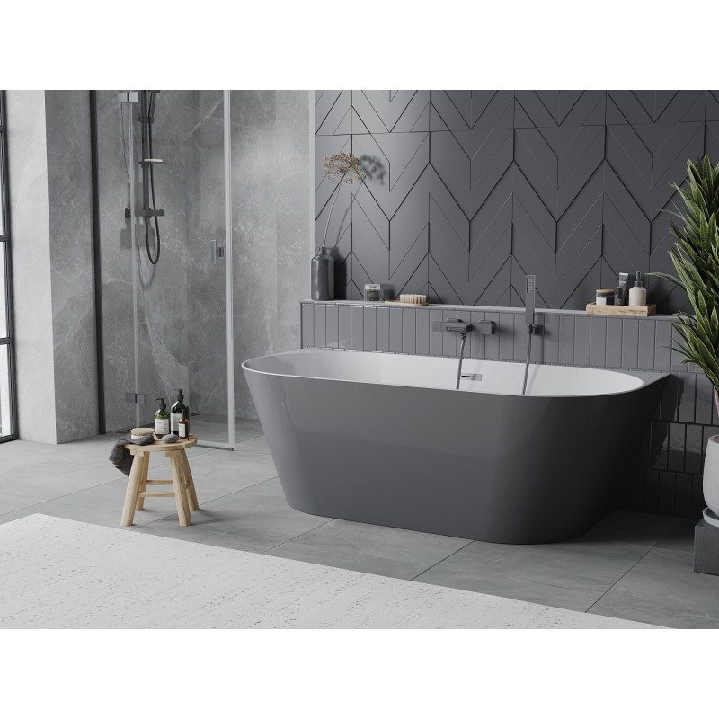 Mexen Oval Slim wanna wolnostojąca przyścienna 170 x 80 cm, biała/szara, przelew gun gray szczotkowany - 52661708062-66