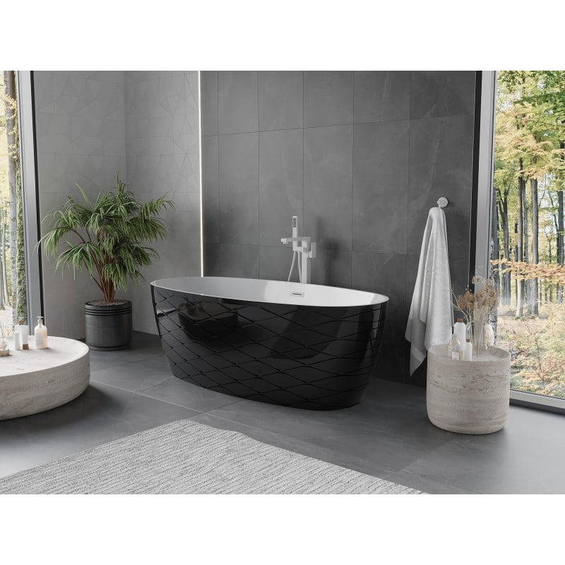 Mexen Olea wanna wolnostojąca wzór 170 x 80 cm, biała/czarna, przelew biały - 52821708075-20
