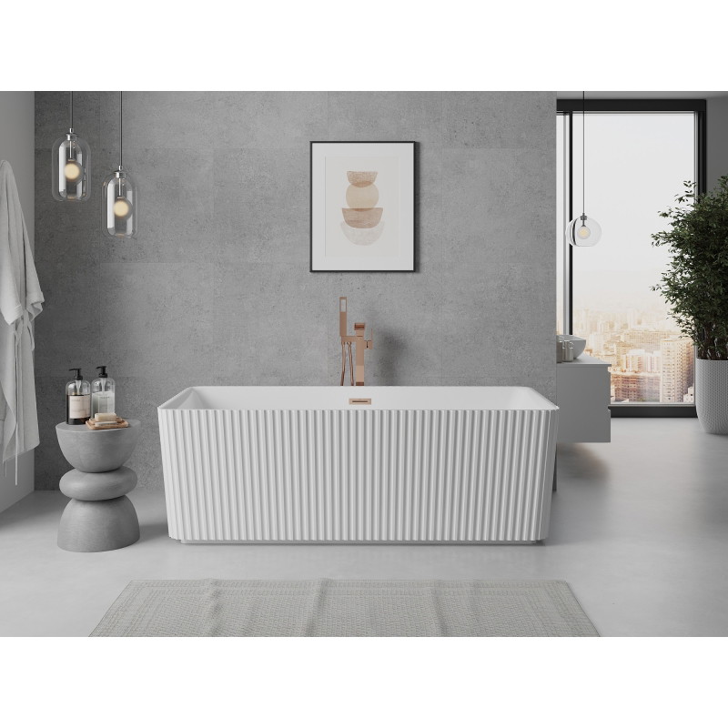 Mexen Nila wanna wolnostojąca ryflowana 170 x 75 cm, biała, przelew miedź szczotkowana - 52841708000-65