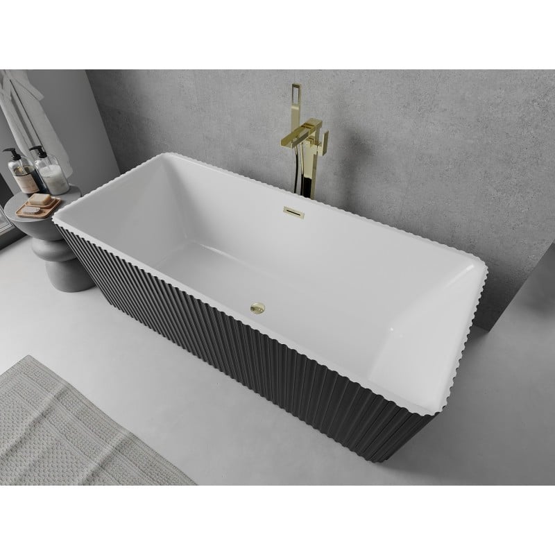Mexen Nila wanna wolnostojąca ryflowana 170 x 75 cm, biała/czarna, przelew złoty - 52841708075-50