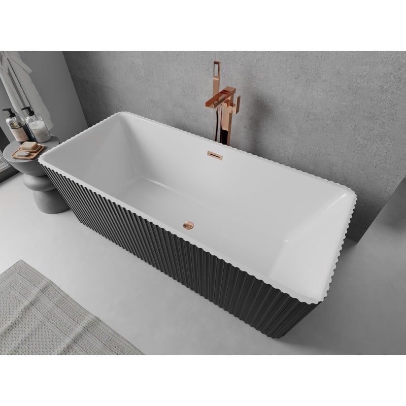 Mexen Nila wanna wolnostojąca ryflowana 170 x 75 cm, biała/czarna, przelew różowe złoto - 52841708075-60
