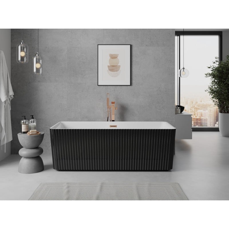 Mexen Nila wanna wolnostojąca ryflowana 170 x 75 cm, biała/czarna, przelew różowe złoto - 52841708075-60