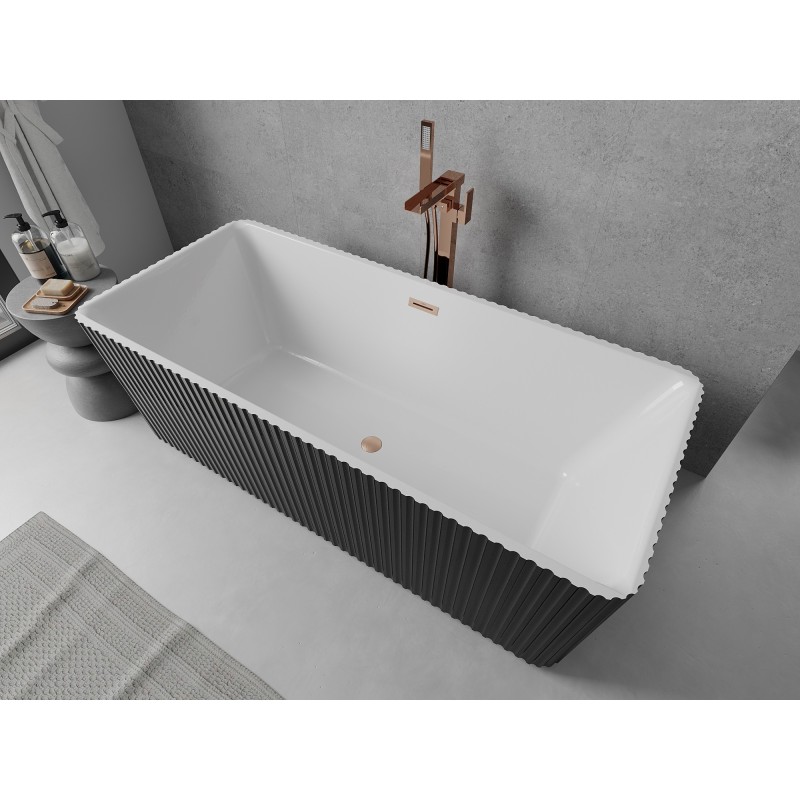 Mexen Nila wanna wolnostojąca ryflowana 170 x 75 cm, biała/czarna, przelew miedź szczotkowana - 52841708075-65