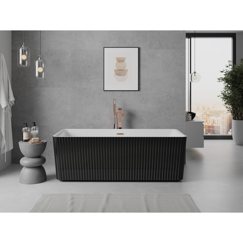 Mexen Nila wanna wolnostojąca ryflowana 170 x 75 cm, biała/czarna, przelew miedź szczotkowana - 52841708075-65