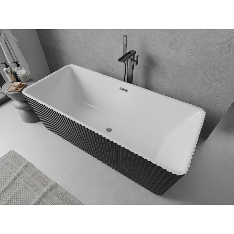 Mexen Nila wanna wolnostojąca ryflowana 170 x 75 cm, biała/czarna, przelew gun gray szczotkowany - 52841708075-66