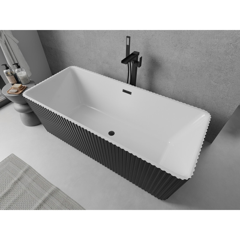 Mexen Nila wanna wolnostojąca ryflowana 170 x 75 cm, biała/czarna, przelew czarny - 52841708075-70