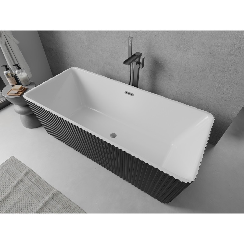 Mexen Nila wanna wolnostojąca ryflowana 170 x 75 cm, biała/czarna, przelew gun metal - 52841708075-95