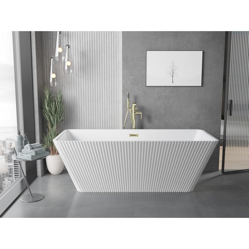 Mexen Tava wanna wolnostojąca ryflowana 170 x 75 cm, biała, przelew złoty - 52851707500-50