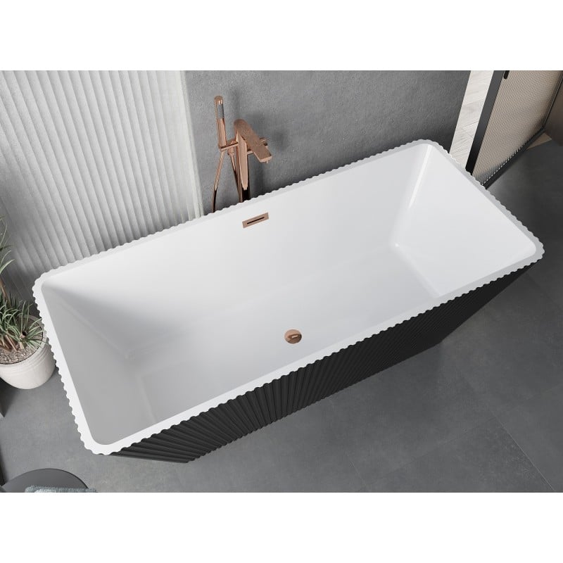 Mexen Tava wanna wolnostojąca ryflowana 170 x 75 cm, biała/czarna, przelew różowe złoto - 52851707575-60