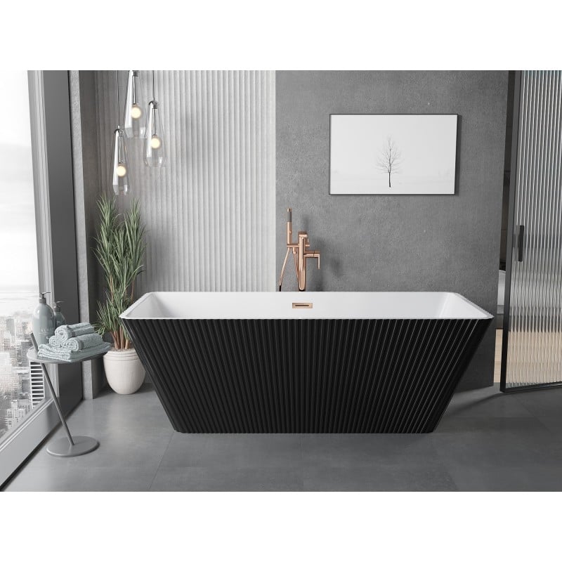 Mexen Tava wanna wolnostojąca ryflowana 170 x 75 cm, biała/czarna, przelew różowe złoto - 52851707575-60