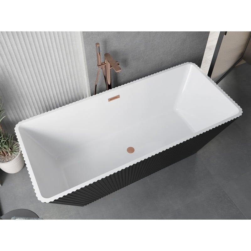 Mexen Tava wanna wolnostojąca ryflowana 170 x 75 cm, biała/czarna, przelew miedź szczotkowana - 52851707575-65