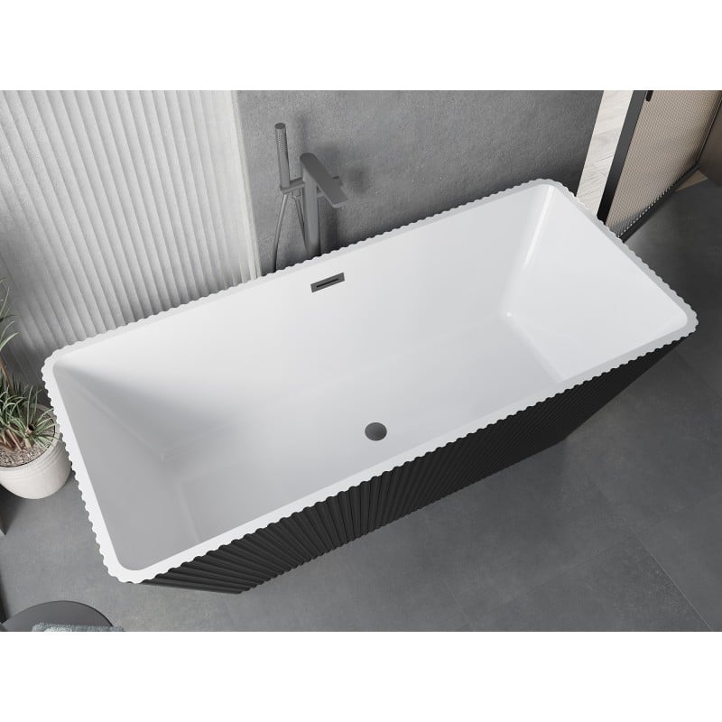 Mexen Tava wanna wolnostojąca ryflowana 170 x 75 cm, biała/czarna, przelew gun gray szczotkowany - 52851707575-66
