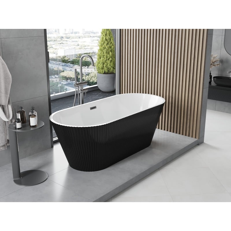 Mexen Yara wanna wolnostojąca ryflowana 170 x 75 cm, biała/czarna, przelew gun metal - 52861707575-95