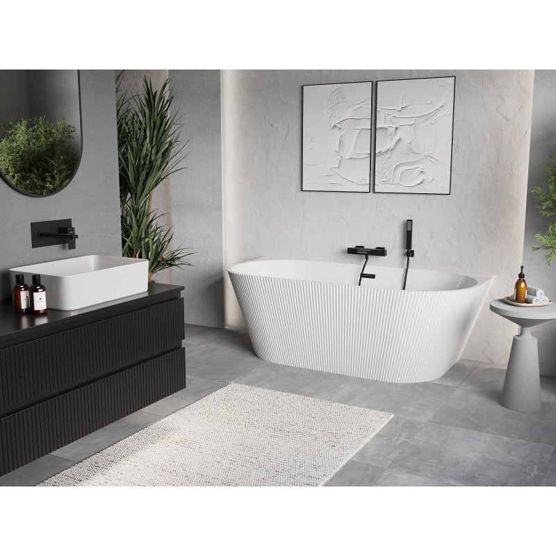Mexen Oris wanna wolnostojąca przyścienna ryflowana 150 x 75 cm, biała, przelew czarny - 52871507500-70