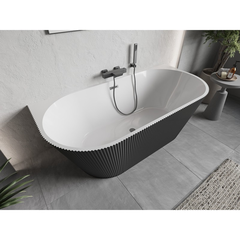Mexen Oris wanna wolnostojąca przyścienna ryflowana 150 x 75 cm, biała/szara, przelew gun metal - 52871507562-95