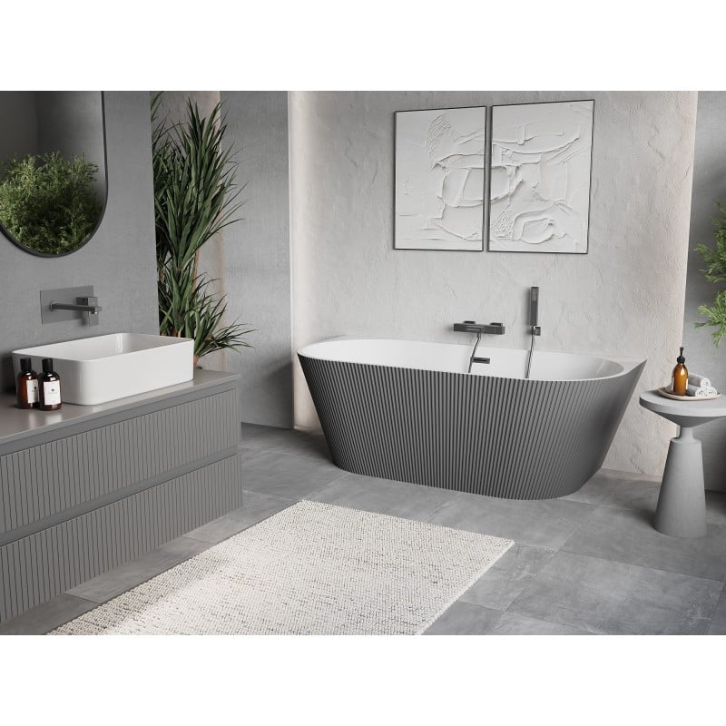Mexen Oris wanna wolnostojąca przyścienna ryflowana 150 x 75 cm, biała/szara, przelew gun metal - 52871507562-95