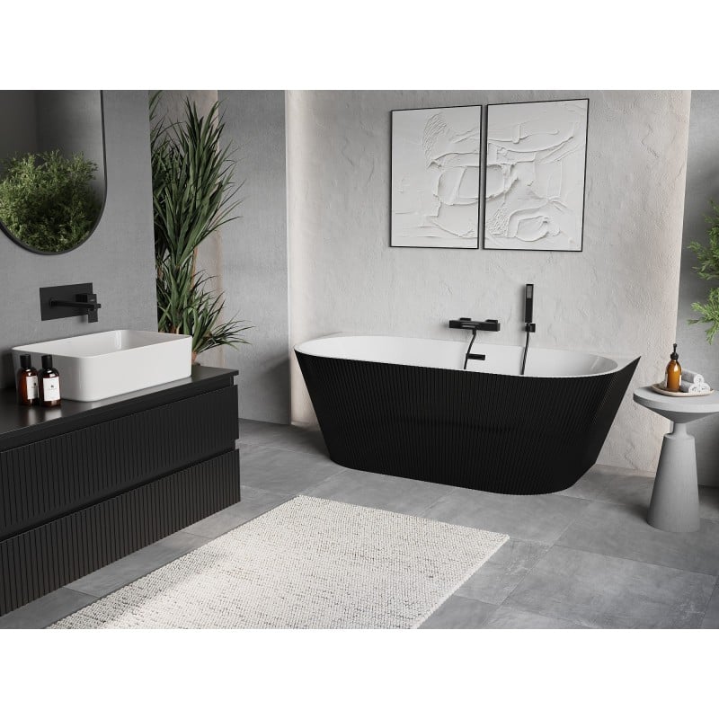 Mexen Oris wanna wolnostojąca przyścienna ryflowana 150 x 75 cm, biała/czarna, przelew czarny - 52871507575-70